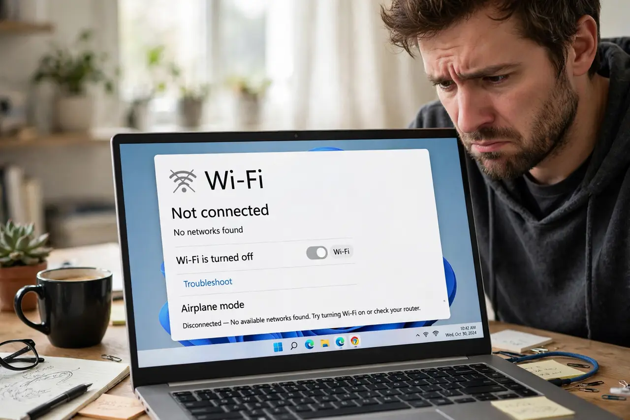 A person looking at a real laptop showing a Wi-Fi disconnected warning in legible text, the person's face frustrated, home office desk.