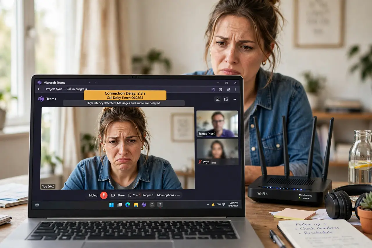 A person on a real laptop in a video call with a legible on-screen timer showing delay, a real router beside the laptop, the person's face frustrated at the…