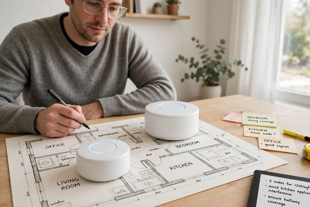 Photoreal photo of a person performing the first step: Start with the size rule. A rough guide: one node covers the main unit's area, each satellite adds meaningful coverage for another large room or floor...