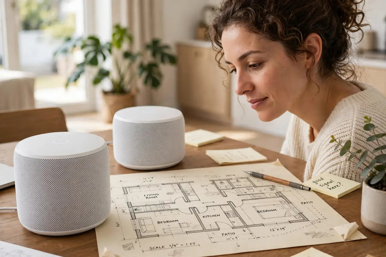 Photoreal photo: a person looking at a real home floor plan sketch on a table with two small mesh nodes placed on it, the person's face thoughtful, bright home. No black screen, no blank white screen, no fake or garbled 
