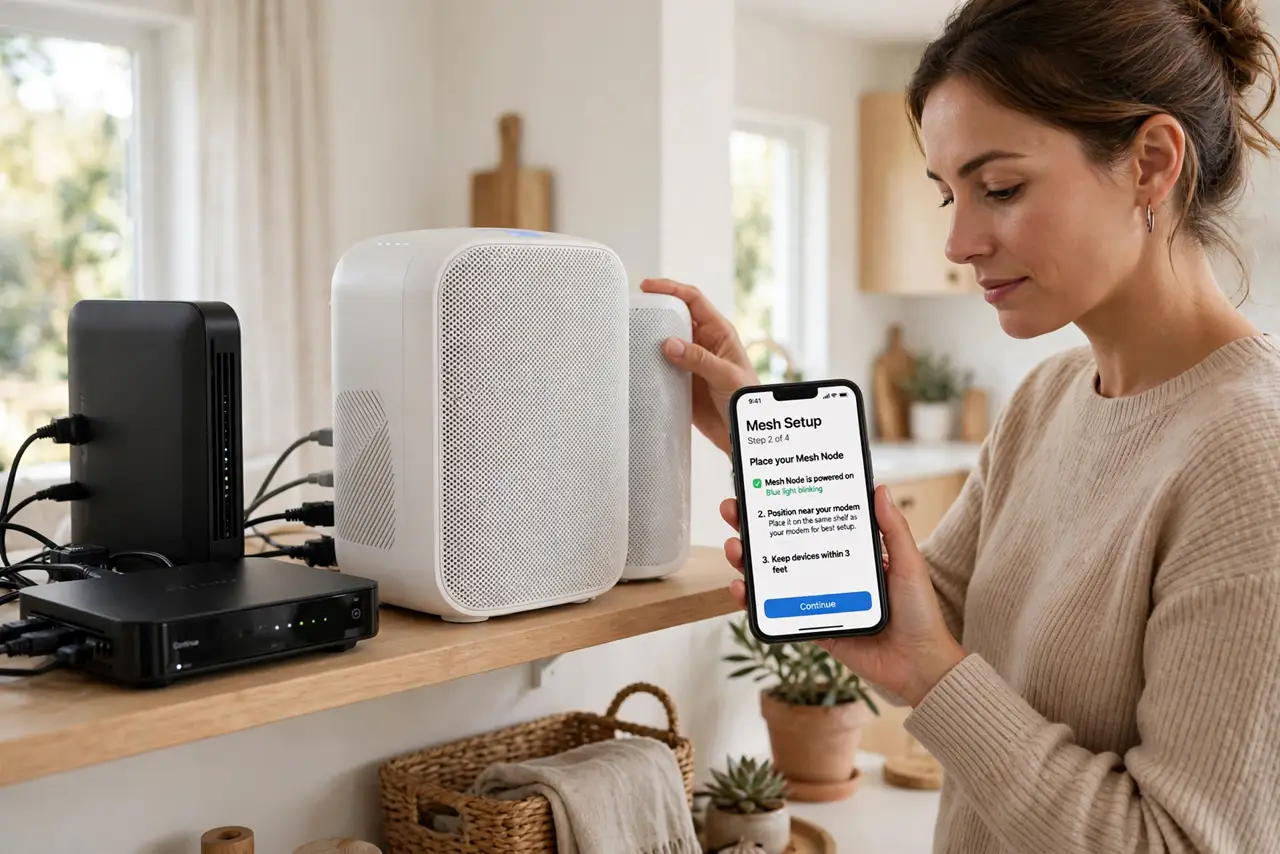 Photoreal photo of a person performing the first step: Start with the main unit at the modem. The first mesh unit replaces (or joins) your router next to the modem. Get this one right — central, elevated, ...