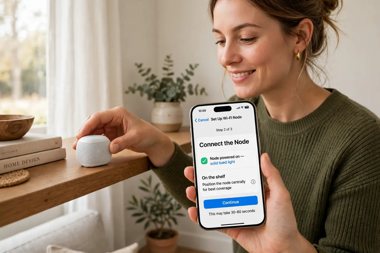 Photoreal photo: a person placing a small real mesh Wi-Fi node on a living room shelf, phone in hand showing a setup app with legible steps, the person's face pleased, bright home. No black screen, no blank white screen,