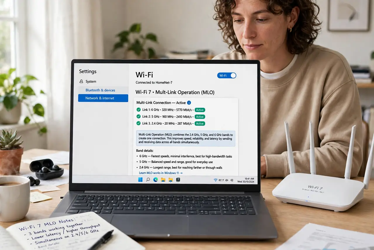 Photoreal photo of a person performing the first step: Understand the old way first. Before Wi-Fi 7, your device picked one band — 2.4, 5, or 6 GHz — and stuck with it. If that band got congested, your spe...