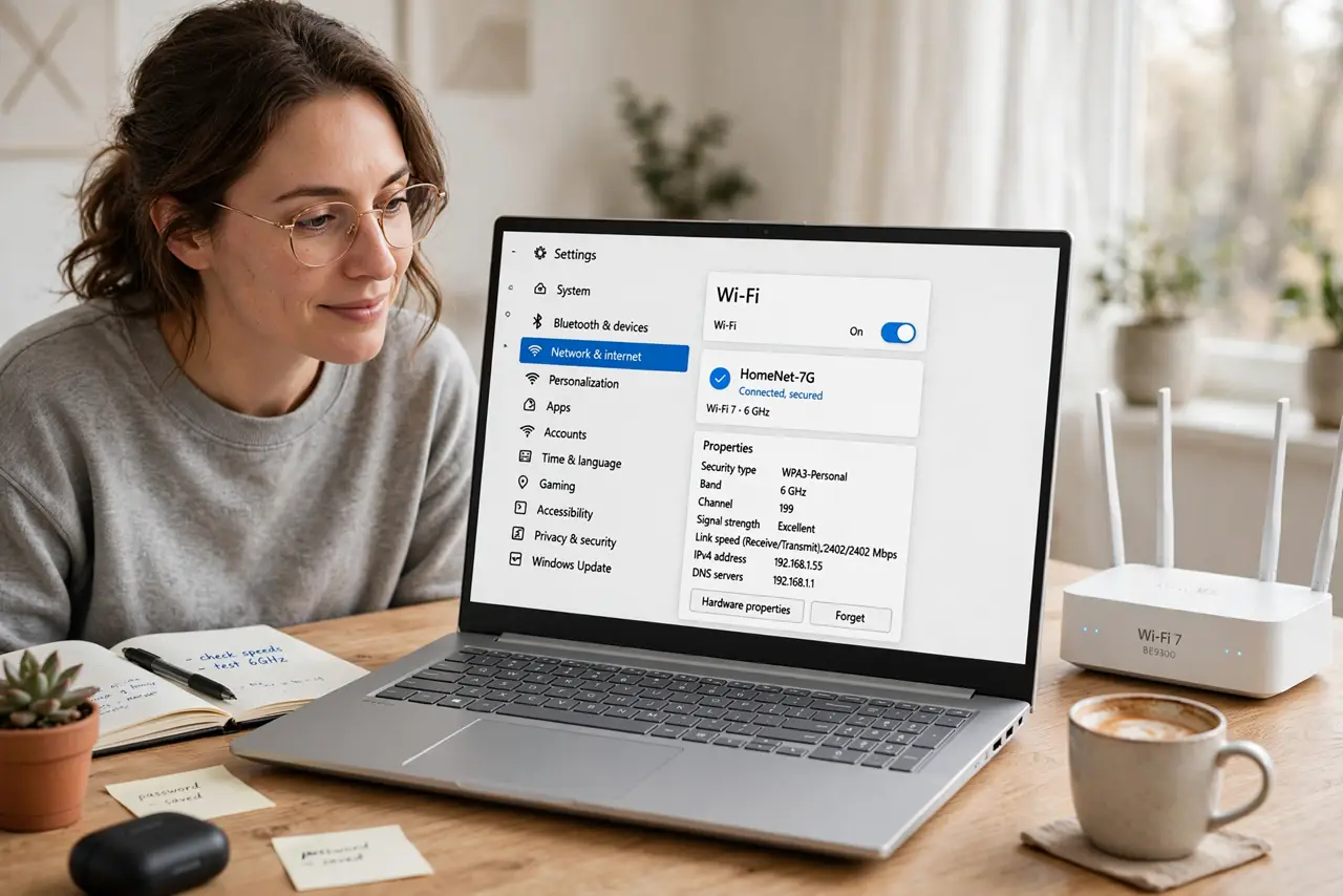 Photoreal photo: a curious person at a desk viewing a real laptop showing a Wi-Fi settings screen with a legible connected Wi-Fi 7 network name, a modern Wi-Fi 7 router beside it, the person's face interested. No black s