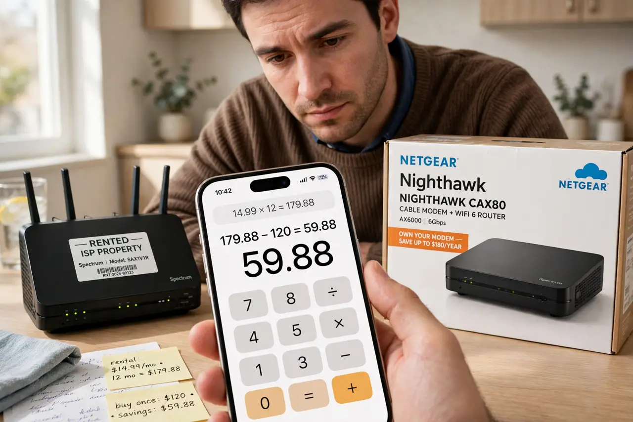 A person comparing a real rented modem and a real store-bought modem box on a table, doing the math on a phone calculator with legible numbers, the person's…