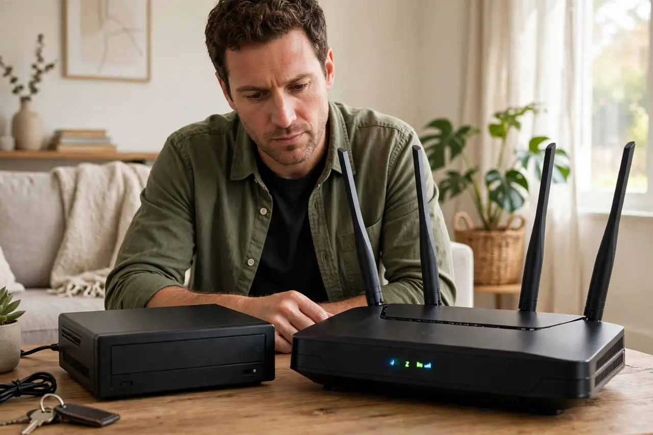 A person comparing a real ISP gateway box and a separate real router side by side on a table, both with visible lights, the person's face thoughtful, living room.