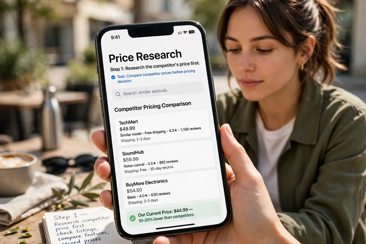 A person doing the guide's first step: Research the competitor's price first.