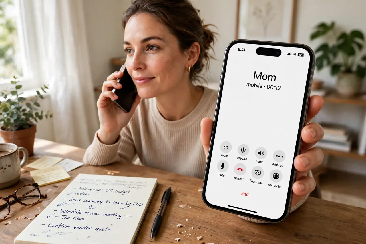 A person sitting at a desk holding a real iPhone to their ear with a notepad and pen beside them showing handwritten notes, the person's face calm and confident, home office.