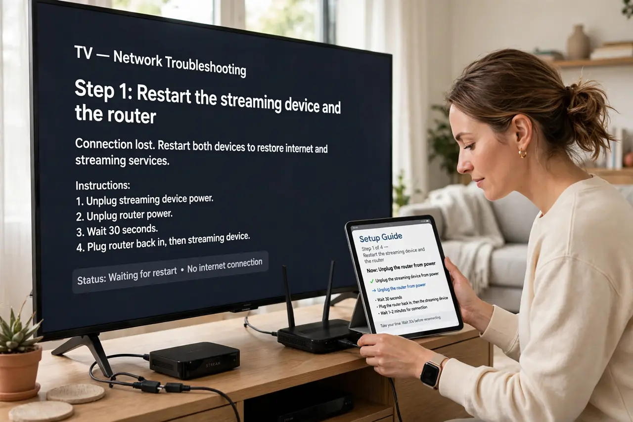 A person doing the guide's first step: Restart the streaming device and the router.