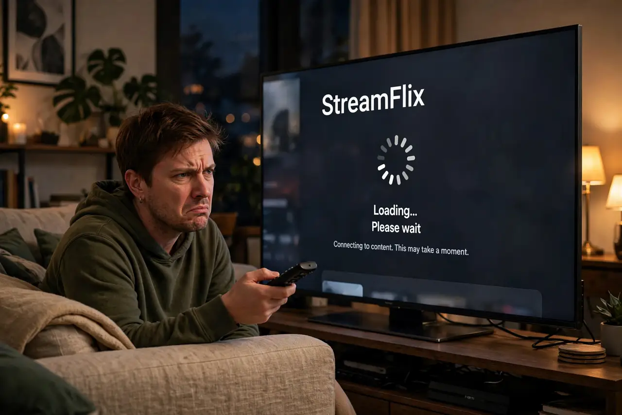 A person sitting on a couch looking annoyed at a real TV showing a streaming app with a loading spinner on screen, a remote in hand, the person's face frustrated, evening living room light.