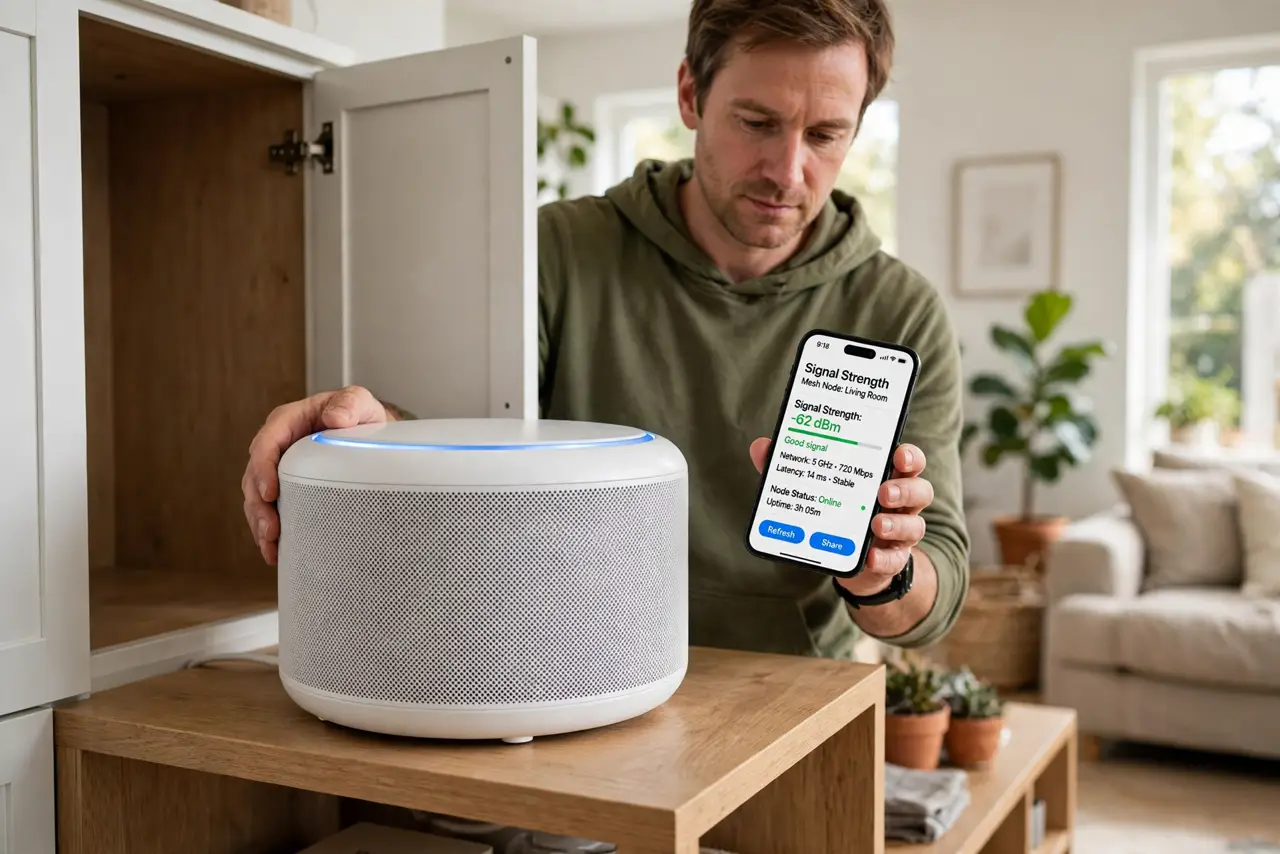 Photoreal photo of a person performing the first step: Keep nodes in the open. A node inside a cabinet, behind the TV, or in a closet radiates poorly — Wi-Fi cannot punch through furniture and metal gracef...