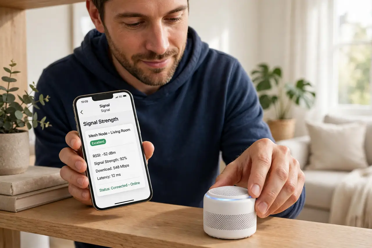 Photoreal photo: a person placing a small real mesh node on an open living room shelf at waist height, phone in hand showing a signal strength app with legible readings, the person's face focused, bright home. No black s