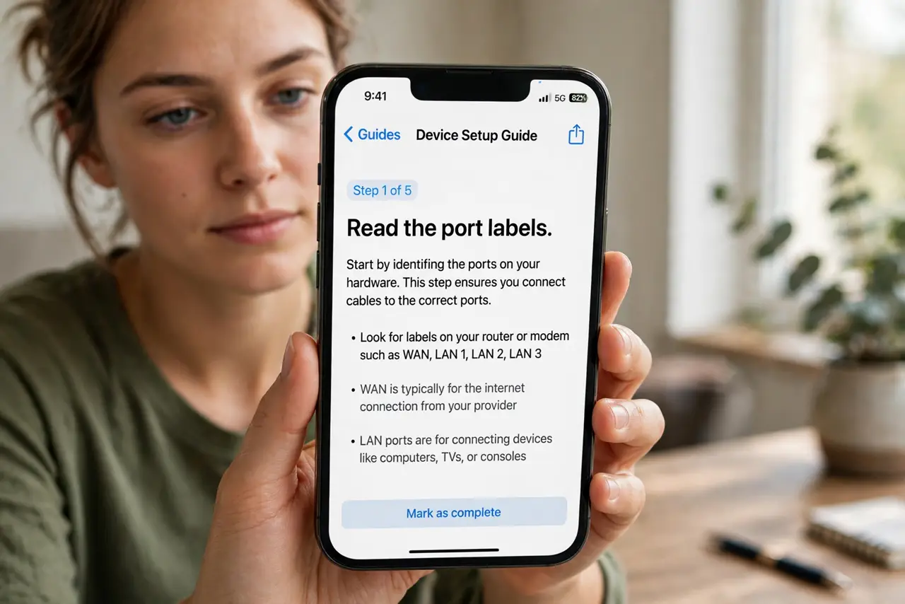 A person doing the guide's first step: Read the port labels.
