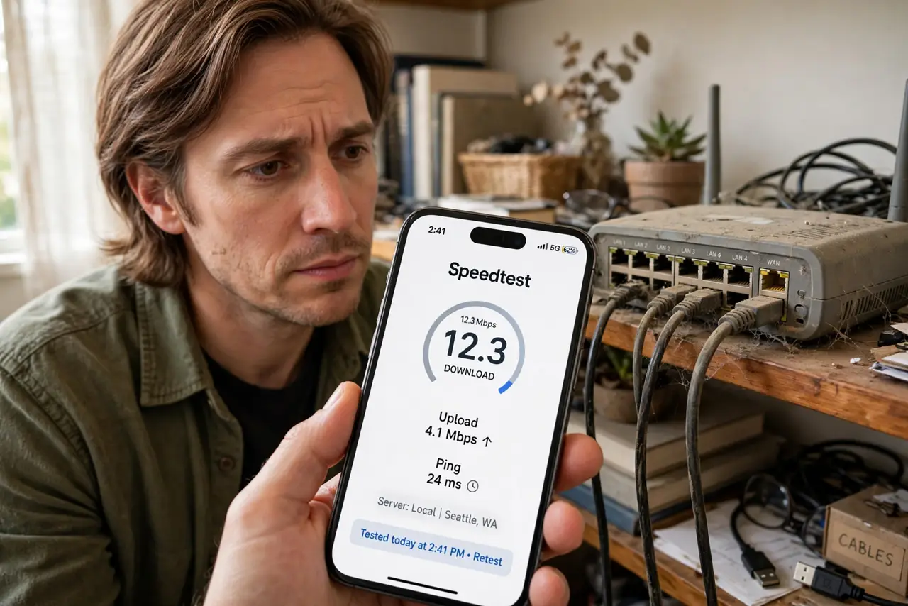A person looking at an old dusty router with visible Ethernet ports, holding a phone showing a speed test result in legible text, the person's face thoughtful, home office shelf.