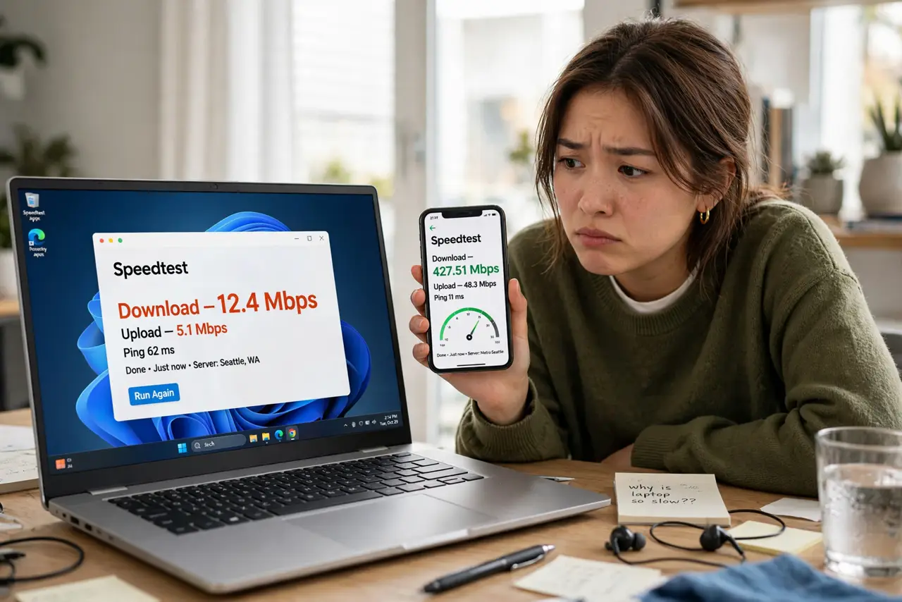 A person holding a real phone showing a fast speed test next to a real laptop showing a slow one, both screens legible, the person's face puzzled, desk.
