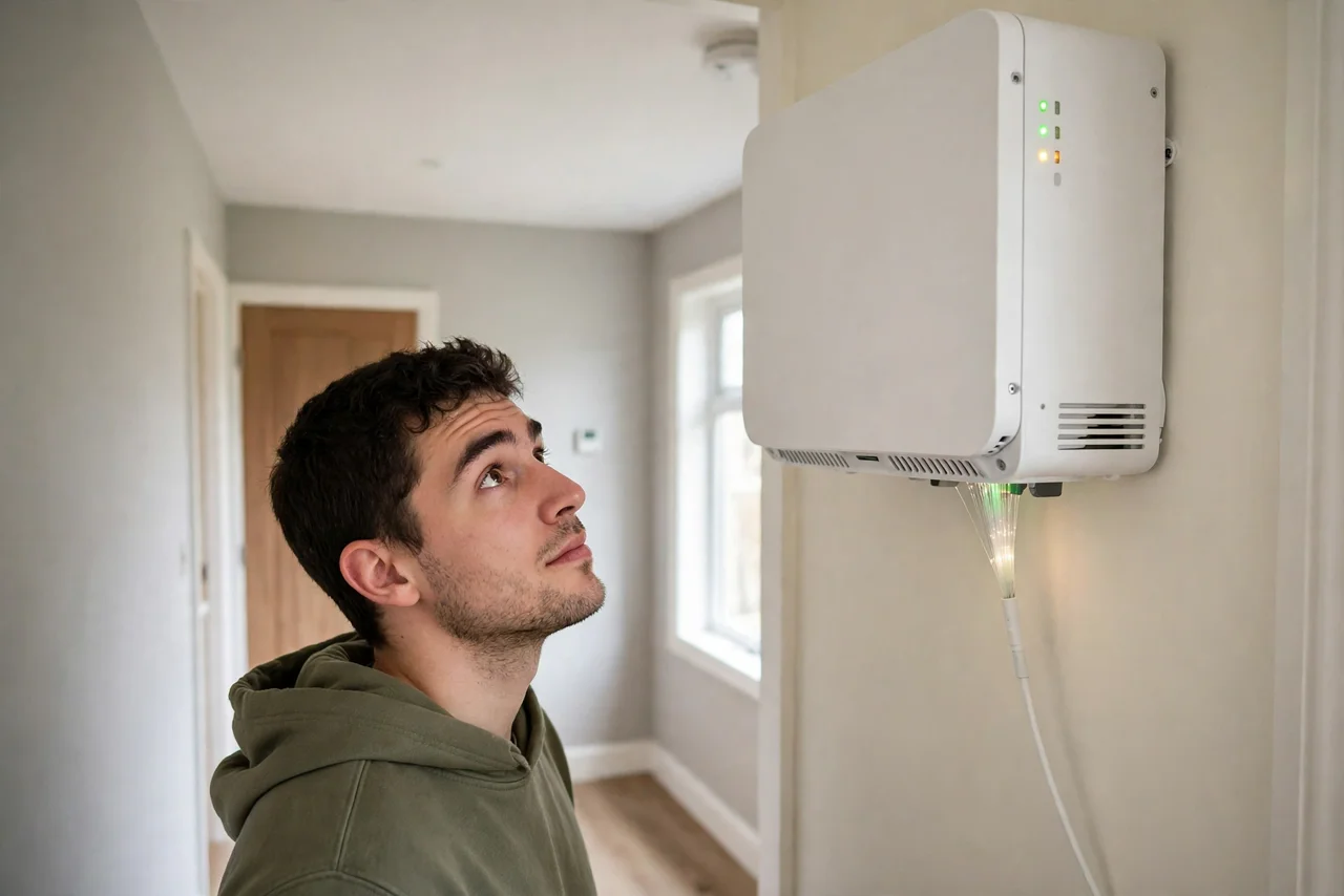 A person looking at a small white ONT box mounted on a wall with visible status lights, fiber cable coming out of it, the person's face curious, hallway.