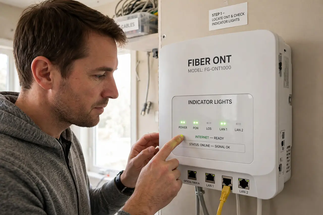 A person carrying out step one: find your ont and learn its lights.