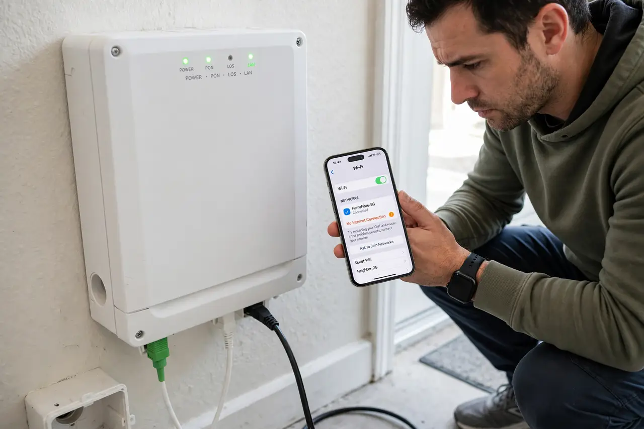 A person crouching beside a real fiber ONT box mounted on a wall, its small indicator lights clearly visible, holding a phone, the person's face focused and…
