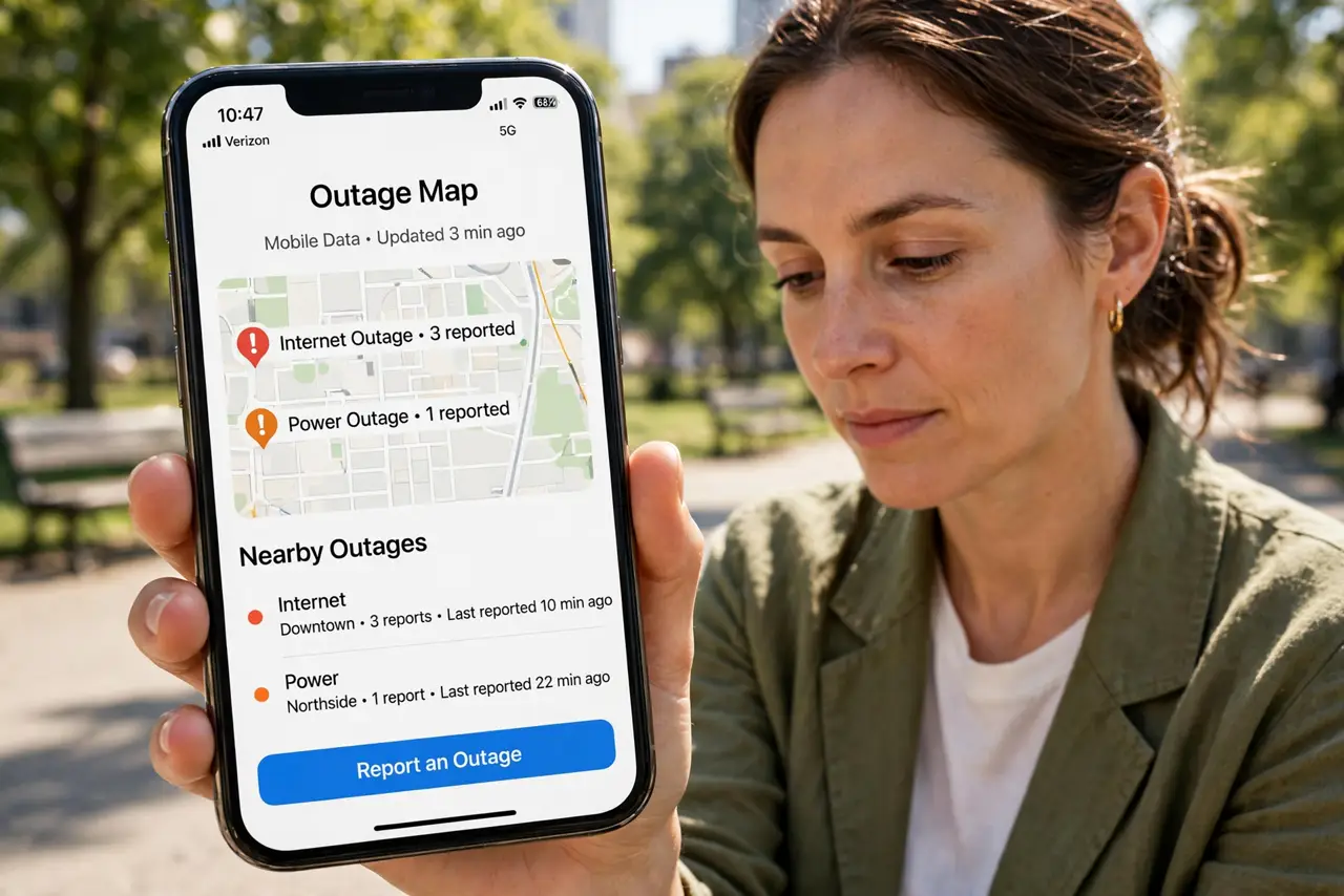 Step 1 in action for Internet Down: Check the outage map on mobile data.