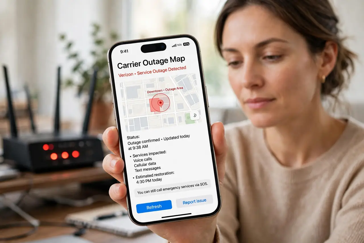 Internet Down — a calm adult holding a real phone showing a carrier outage map with fully legible status, a real router with r