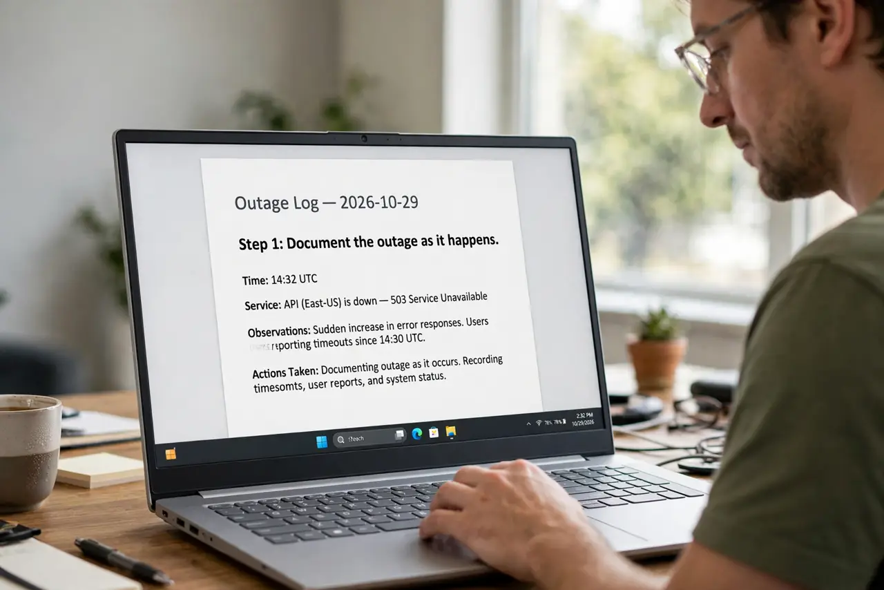 A person doing the guide's first step: Document the outage as it happens.