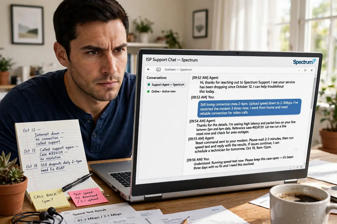 A person at a desk on a real laptop showing an ISP support chat window with legible text, a notepad with dates written beside it, the person's face determined, home office.