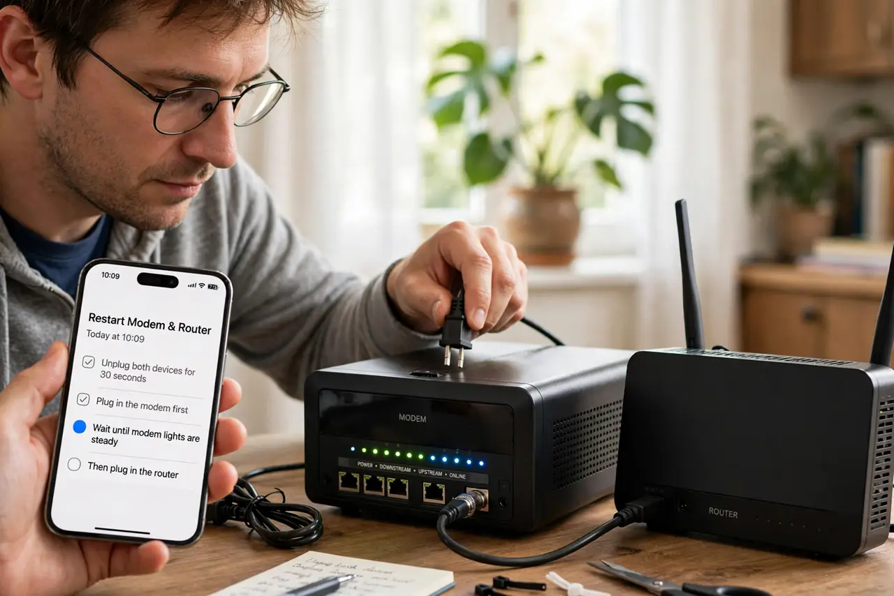 A person performing step 1 of the guide: Restart the modem and router properly. Unplug both devices for thirty seconds, then plug in the modem first and wait until its lights steady. Only then plug in the router, so each ...