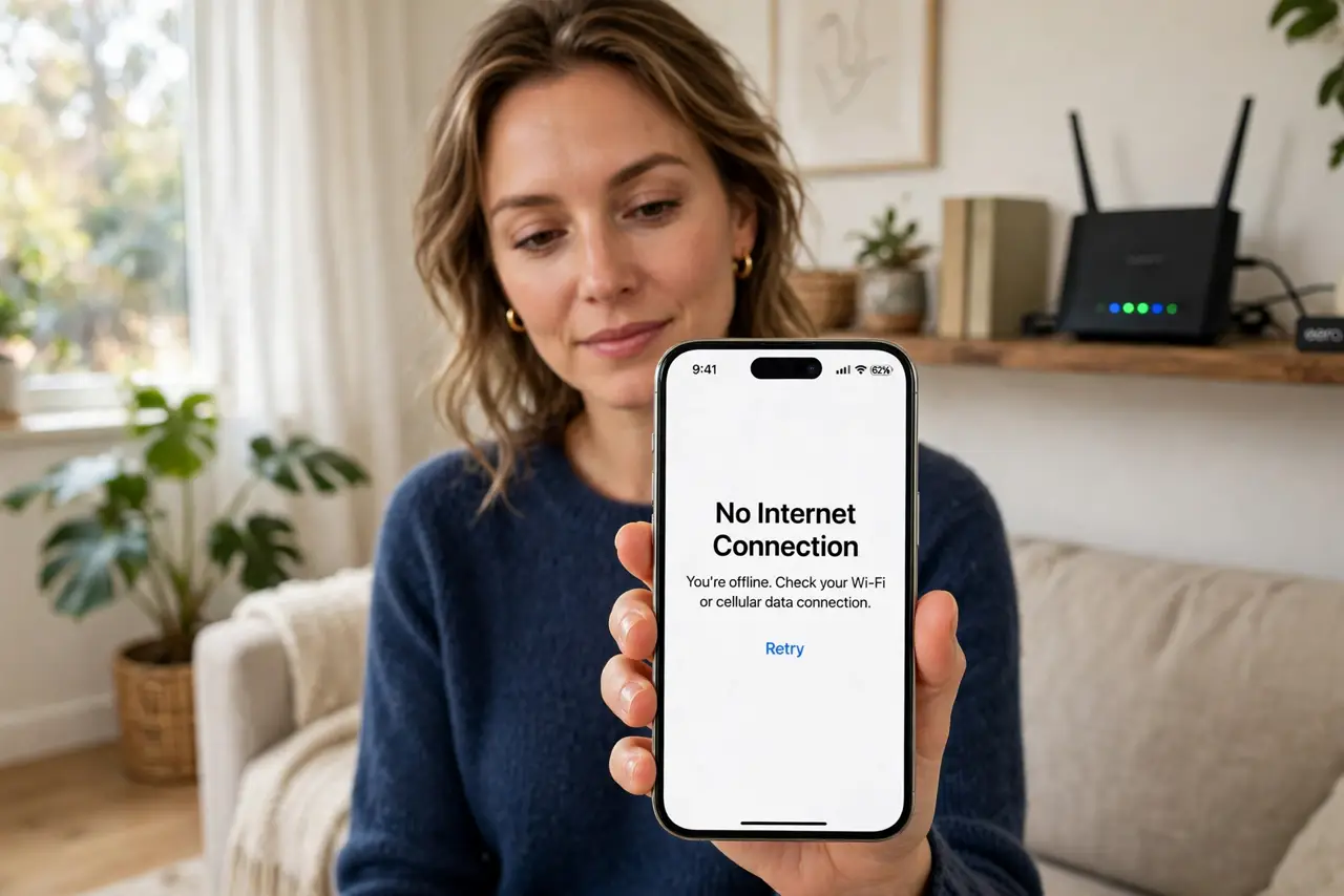 a calm adult standing in a living room holding a real phone showing a no-internet message, a home router with lights visible on a shelf behind them, everything clearly visible. No black screen, no blank white screen, ...