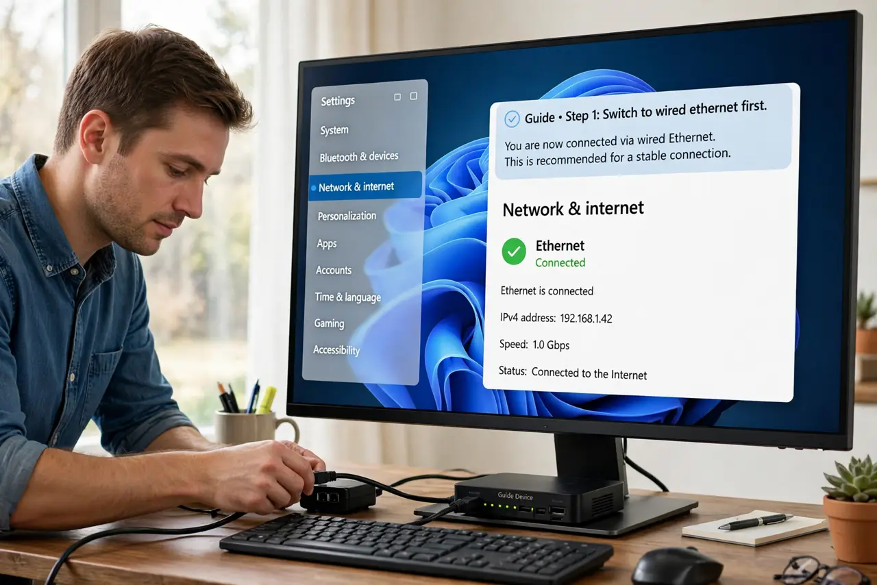 A person doing the guide's first step: Switch to wired ethernet first.