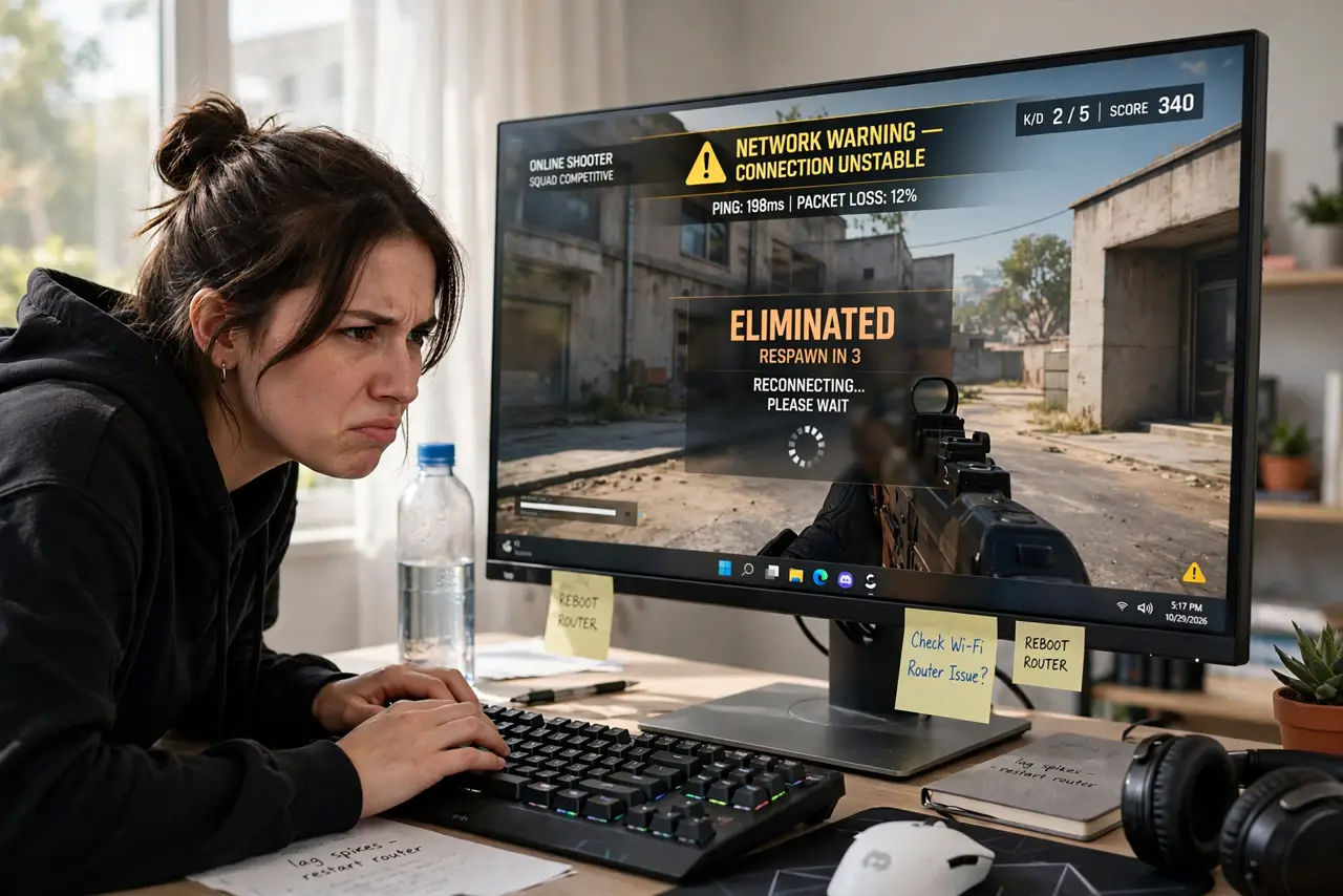 A person leaning toward a real monitor showing an online shooter game with a network warning icon visible, hands on keyboard, the person's face annoyed, gaming setup.