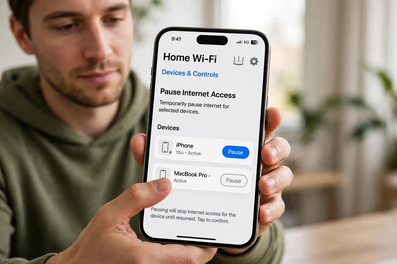 A person doing the guide's first step: Find the pause feature in your router's app.