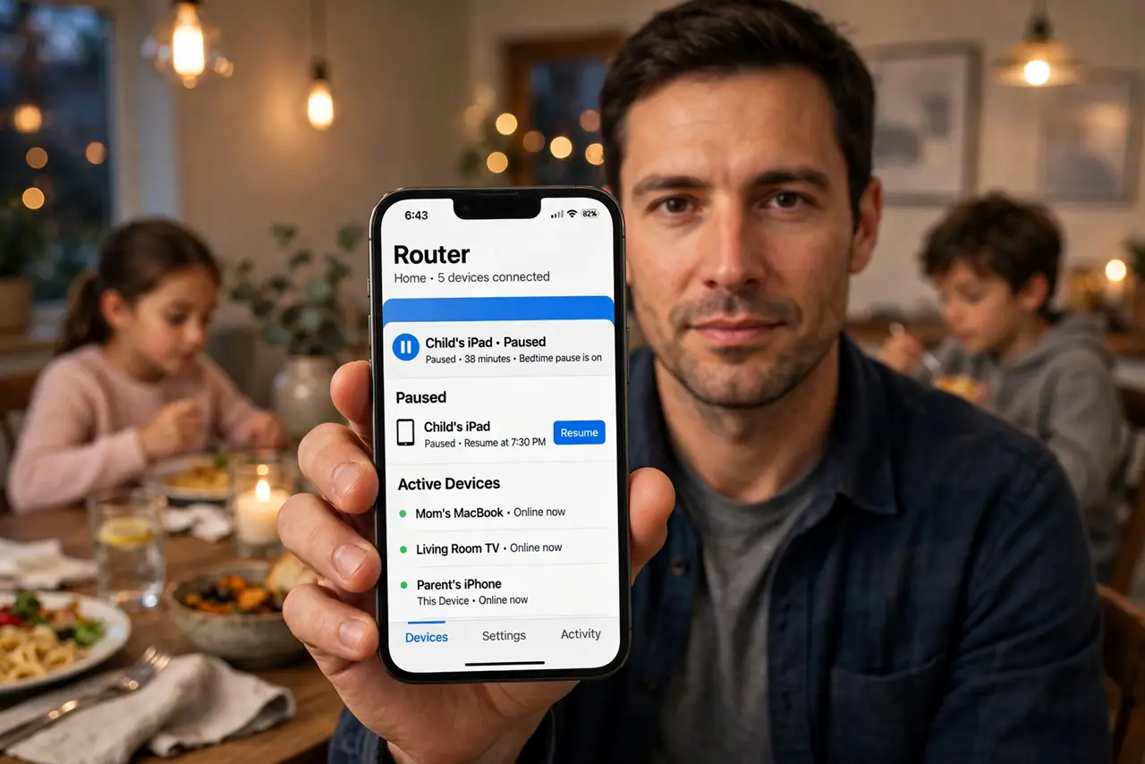 A parent holding a real iPhone showing a router app with a child's device paused, kids visible in the background at a dinner table, the parent's face calm and in charge, dining room evening.