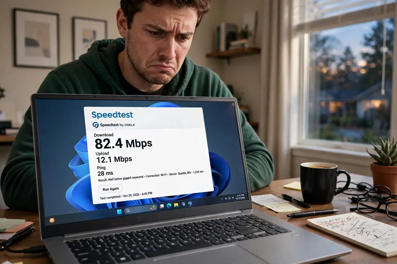 A person at a desk looking at a real laptop showing a speed test result well below gigabit in legible text, the person's face frustrated, evening home office.