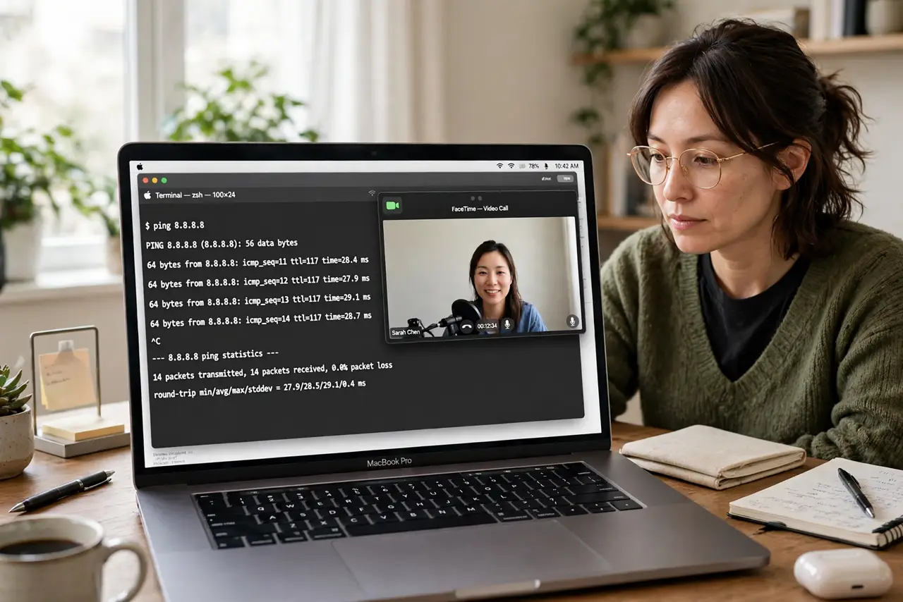 A person at a desk looking at a laptop screen showing a ping test with legible latency numbers, a video call window beside it, the person's face focused, home…