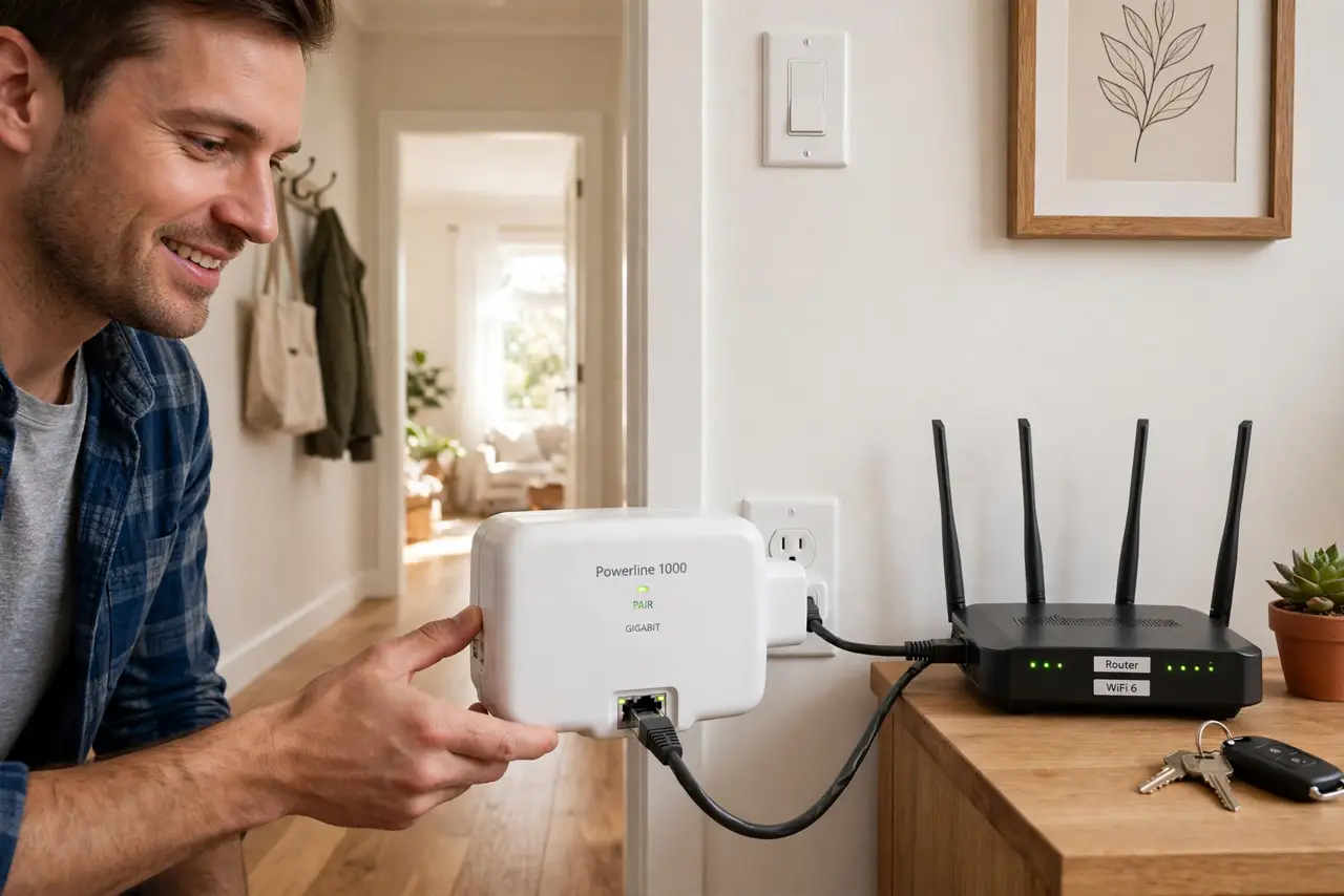 A person plugging a real powerline adapter into a wall outlet next to a real router, an Ethernet cable running to the adapter, the person's face hopeful, home…