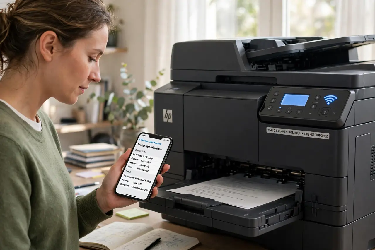 Photoreal photo of a person performing the first step: Confirm the printer is 2.4 GHz only. Check the specs — the vast majority of home printers lack