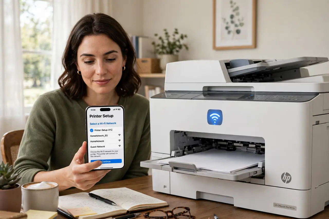 Photoreal photo: a person tapping a real phone showing a printer setup screen with a legible Wi-Fi network list, a real printer with glowing Wi-Fi light beside them, the person's face focused, home office. No black screen, no blank wh