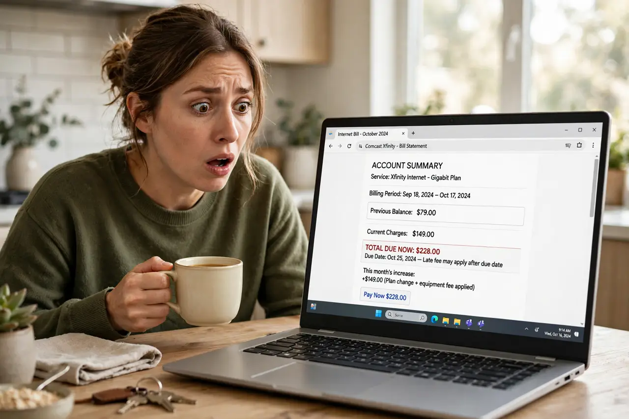 A person looking surprised at a real laptop screen showing an internet bill with a higher total, holding a coffee mug, the person's face dismayed, kitchen table morning.