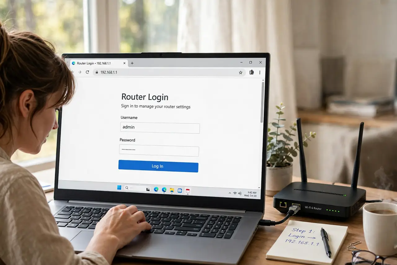 A person carrying out step one: log into your router.