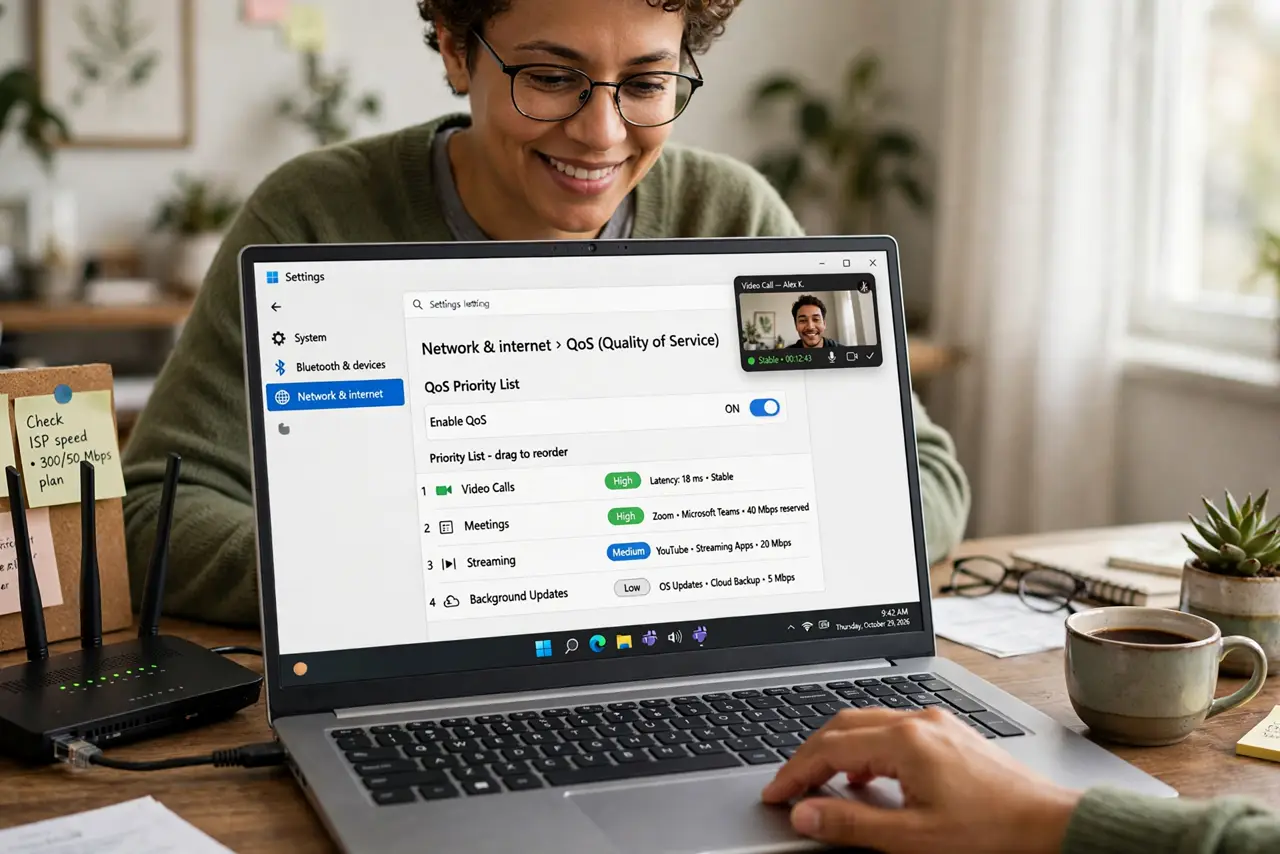 A person adjusting router settings on a laptop showing a QoS priority list legible on screen, a video call stable in a corner, face satisfied, home office.
