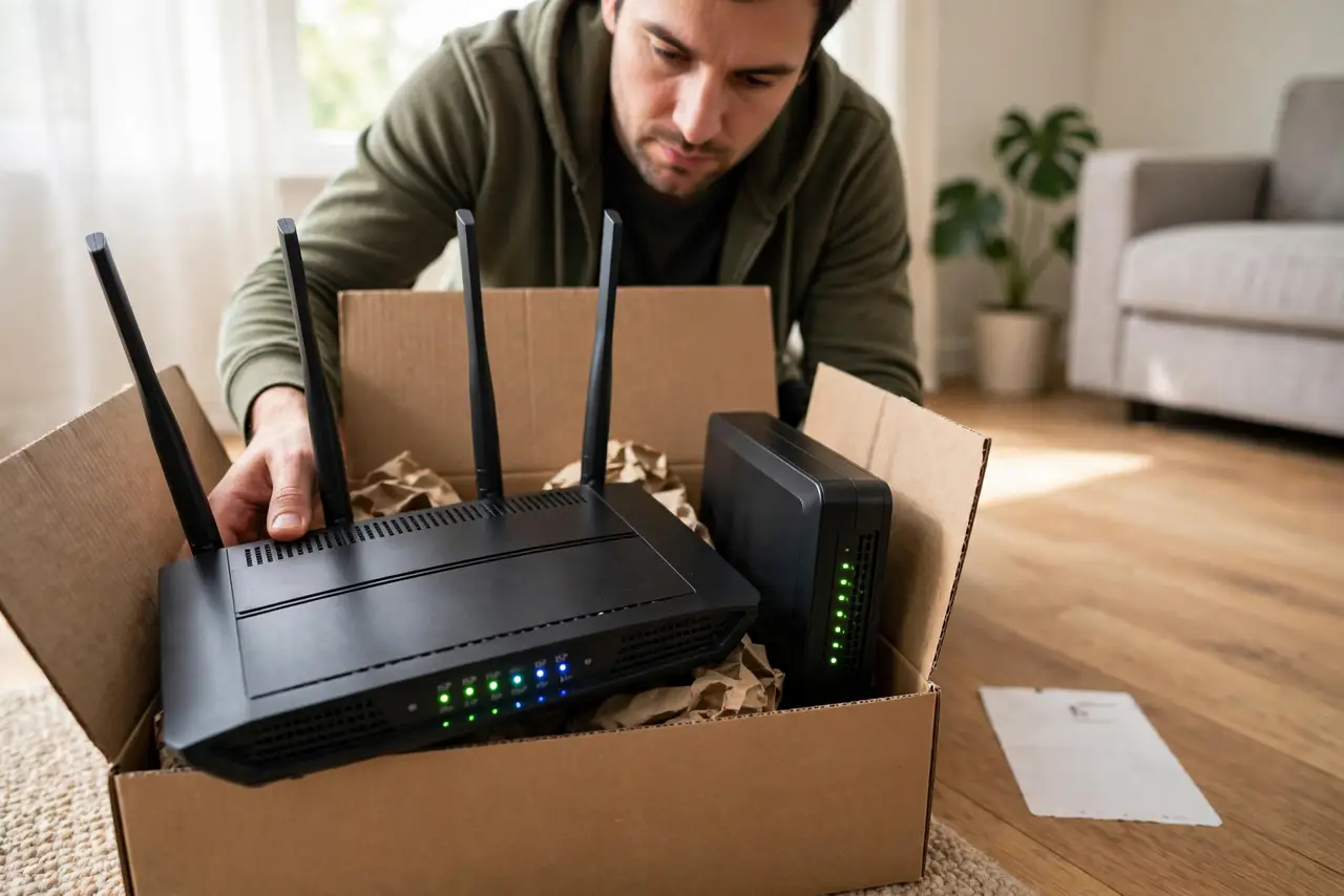 A person packing a real ISP modem and router into a cardboard box with a printed return label beside it, the person's face focused, living room floor.