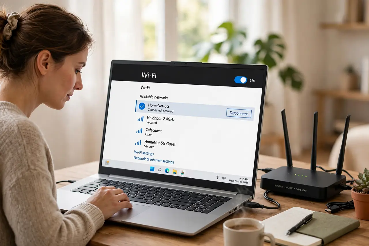 Photoreal photo of a person performing the first step: Connect to your own network first. Join your router's Wi-Fi (or plug in with Ethernet) — the admin page only exists on the local network. You cannot r...