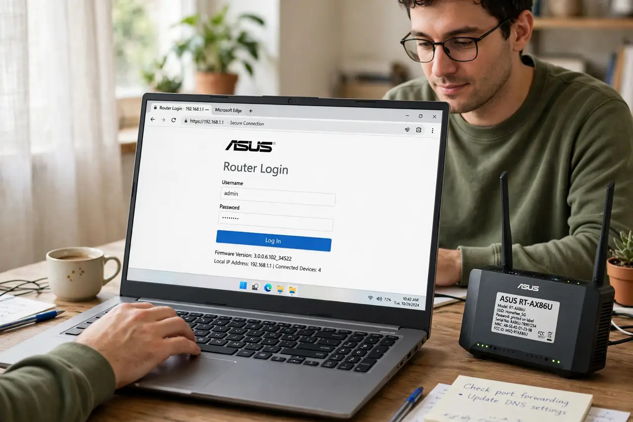 Photoreal photo: a focused person at a desk typing on a real laptop showing a legible router login page, a real Wi-Fi router with its label visible beside the laptop, the person's face concentrated. No black screen, no b
