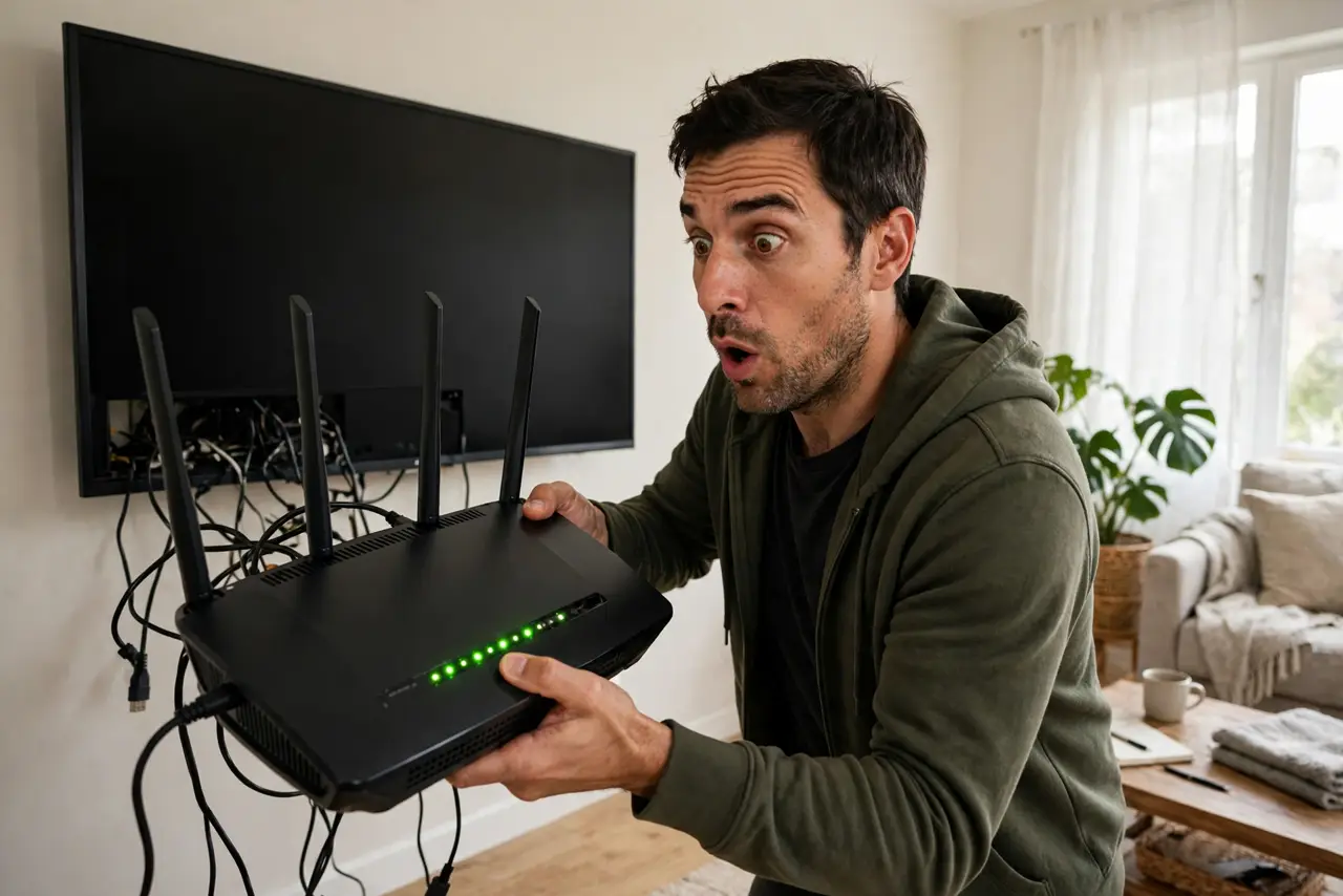 A person pulling a real router out from behind a large flat-screen TV, cables visible, the person's face realizing, living room.