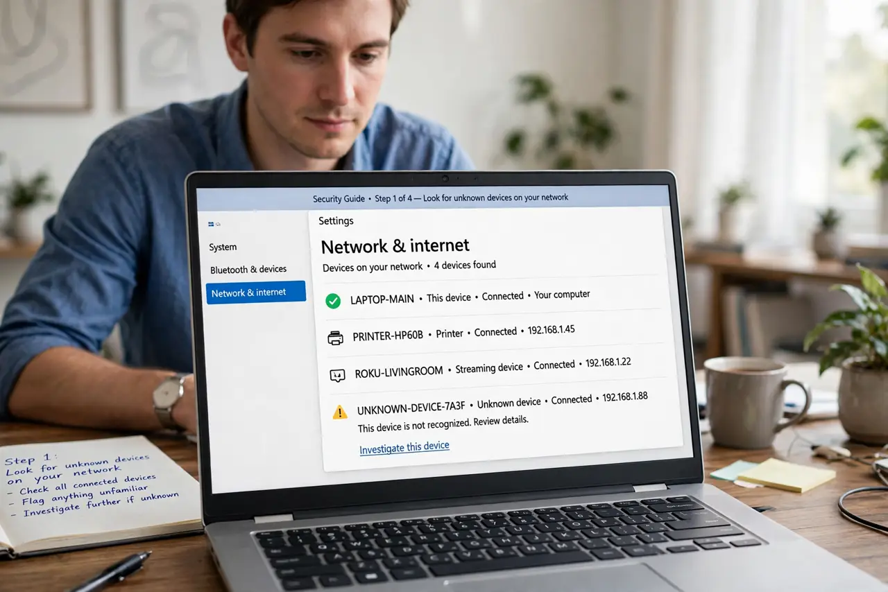 A person doing the guide's first step: Look for unknown devices on your network.