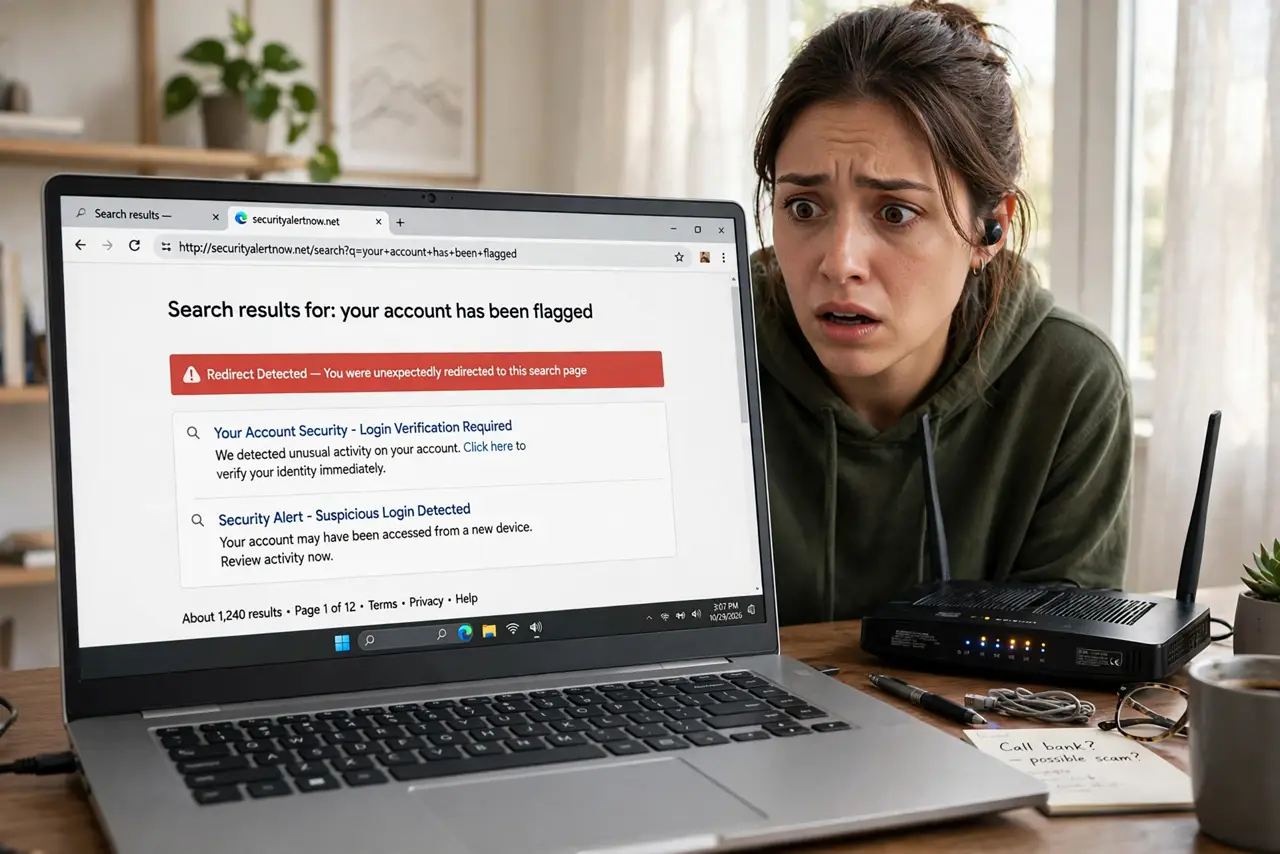 A person looking alarmed at a real laptop screen showing a browser redirected to an unfamiliar search page, a router with blinking lights on the desk, the person's face worried, home office.
