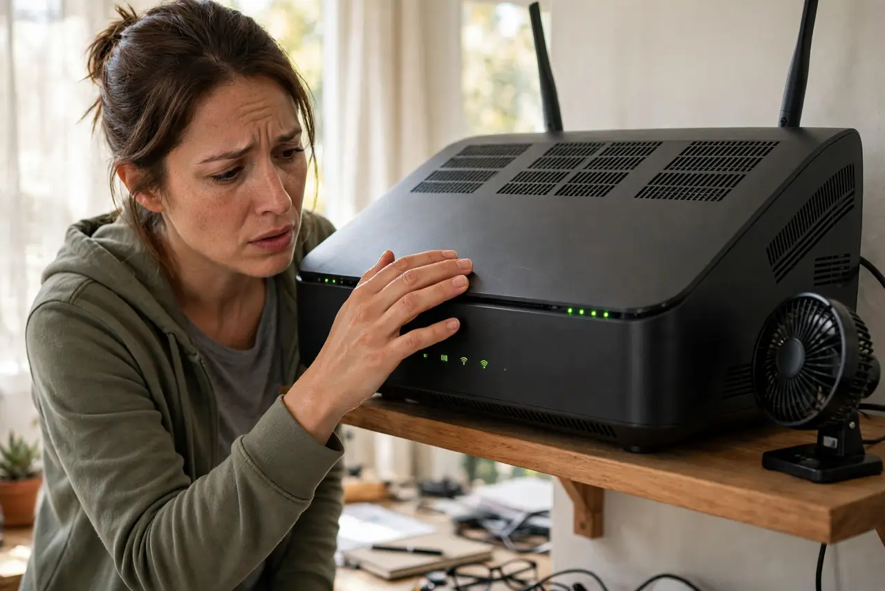 A person touching a real router on a shelf checking its warmth, the router with visible vents, a small fan nearby, the person's face concerned, home office.