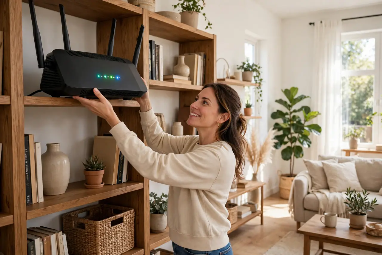 A person placing a real router on a high bookshelf, the router's lights visible, the room layout showing open space, the person's face satisfied, living room.