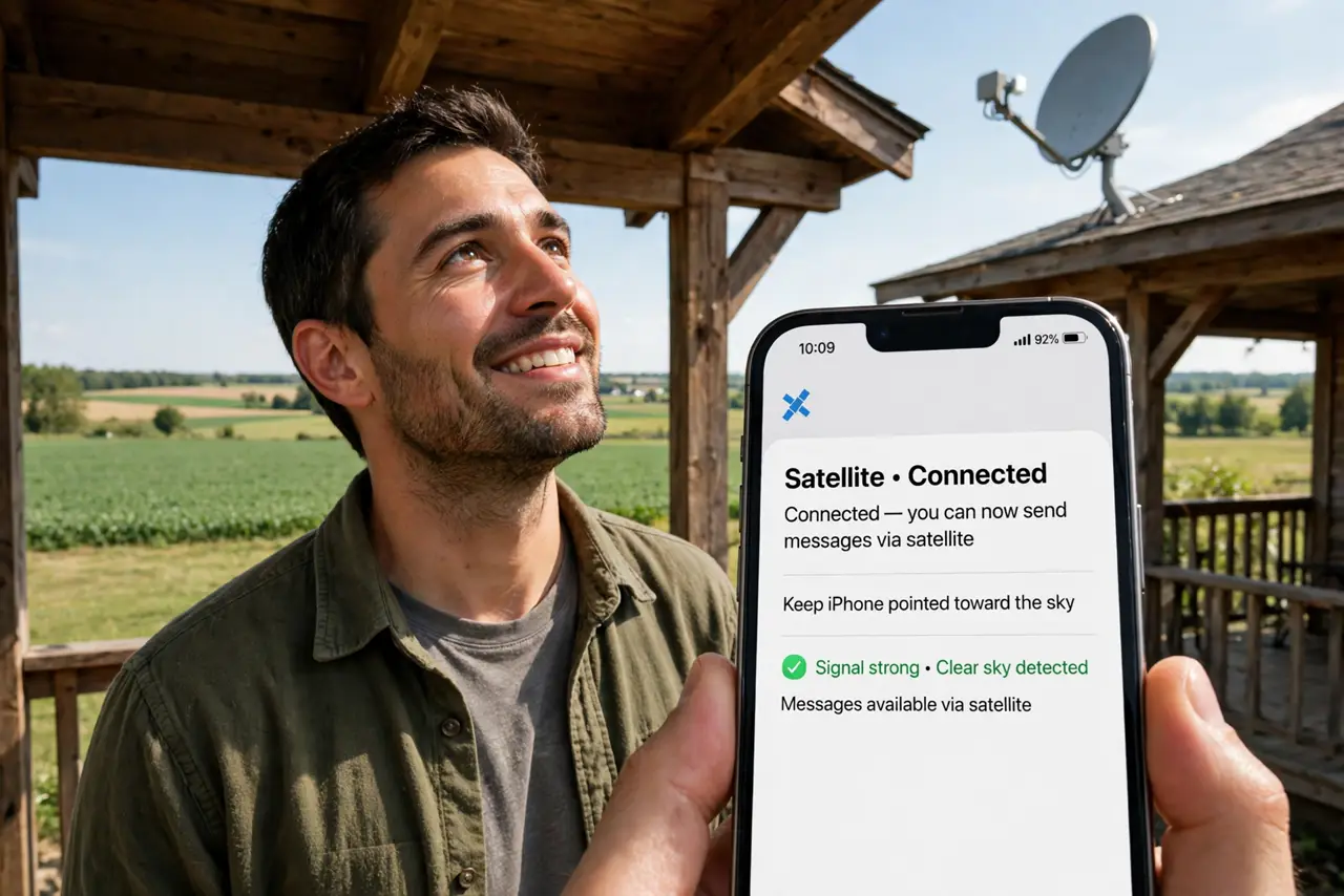 A person standing on a rural porch looking at a real satellite dish mounted on the roof, holding a real iPhone, green fields behind, the person's face hopeful, daytime.