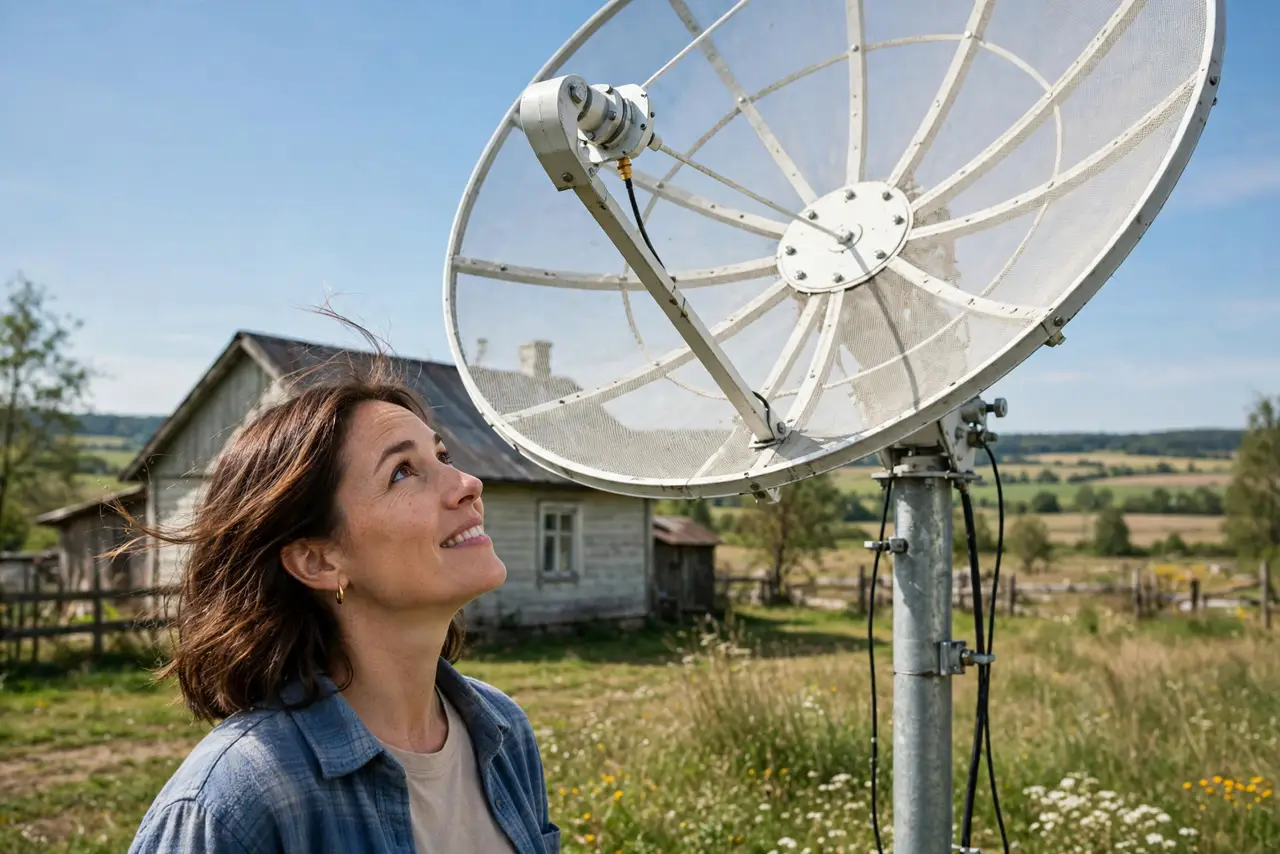 A person looking at a real satellite dish installed outside a rural home, the person's face hopeful, countryside setting with clear sky.